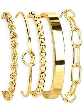 5pc 18k Gold Plated Stainless Steel Trendy Bangle Bracelet Set